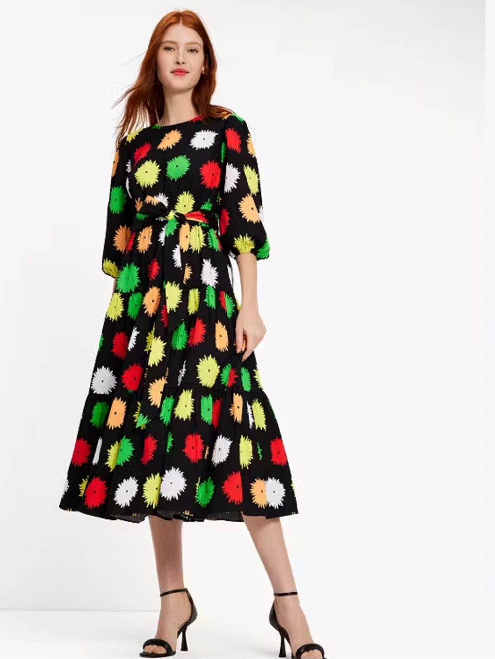 Kate Spade Pom Pom Floral Lawn Midi Dress Black Multi Belted XL - Picture 3 of 9